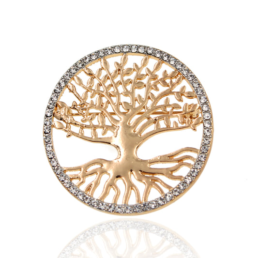 BESHEEK | Goldtone Tree of Life with Rhinestone Border Brooch