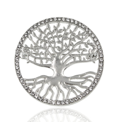BESHEEK | Silvertone Tree of Life with Rhinestone Border Brooch