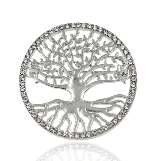 BESHEEK | Silvertone Tree of Life with Rhinestone Border Brooch