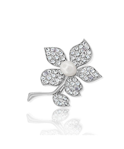 BESHEEK | Silvertone Rhinestone Flower Brooch Pin