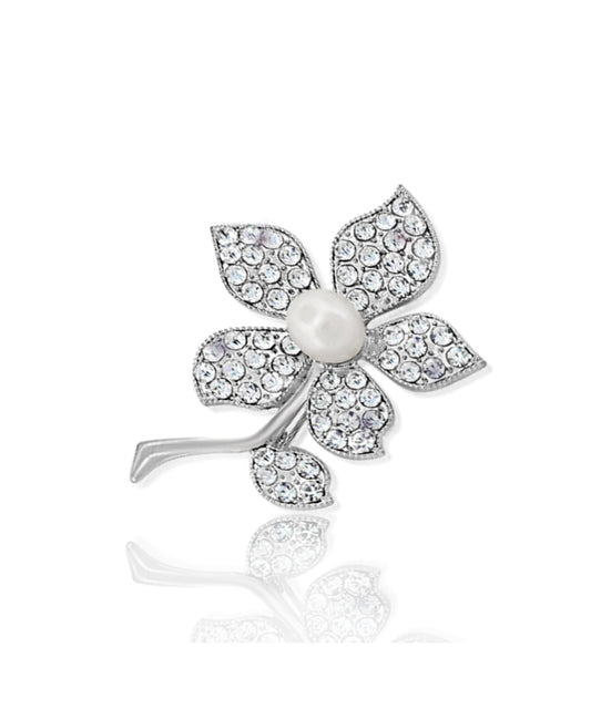 BESHEEK | Silvertone Rhinestone Flower Brooch Pin