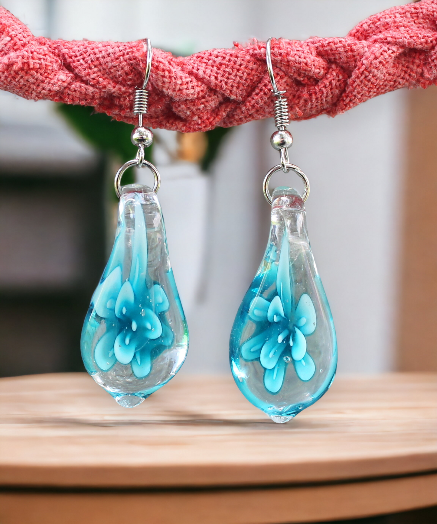 BESHEEK Murano-style Glass Sky Blue Flower Teardrop Earrings | Handmade Hypoallergenic Boho Beach Gala Wedding Style Fashion Earrings