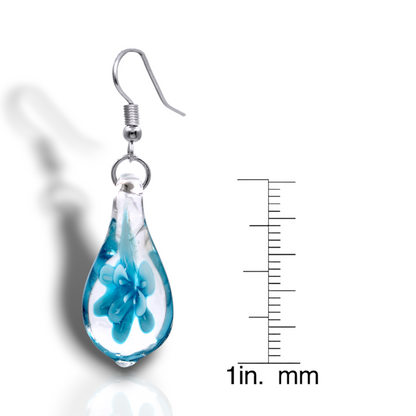 BESHEEK Murano-style Glass Sky Blue Flower Teardrop Earrings | Handmade Hypoallergenic Boho Beach Gala Wedding Style Fashion Earrings