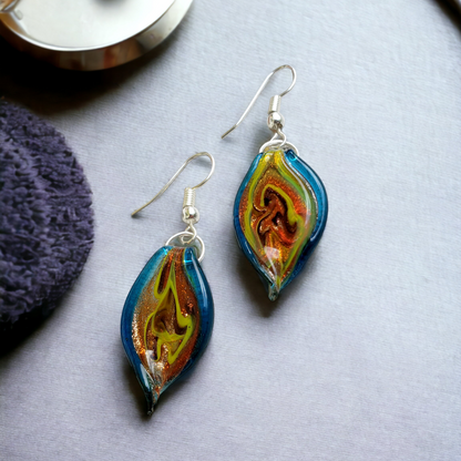 Besheek Sterling Silver Murano Glass Aqua Twisted Leaf Dangle Earrings