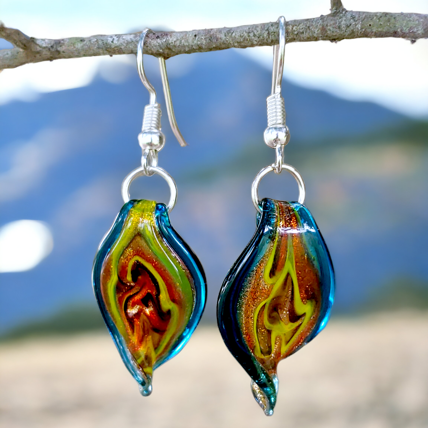 Besheek Sterling Silver Murano Glass Aqua Twisted Leaf Dangle Earrings