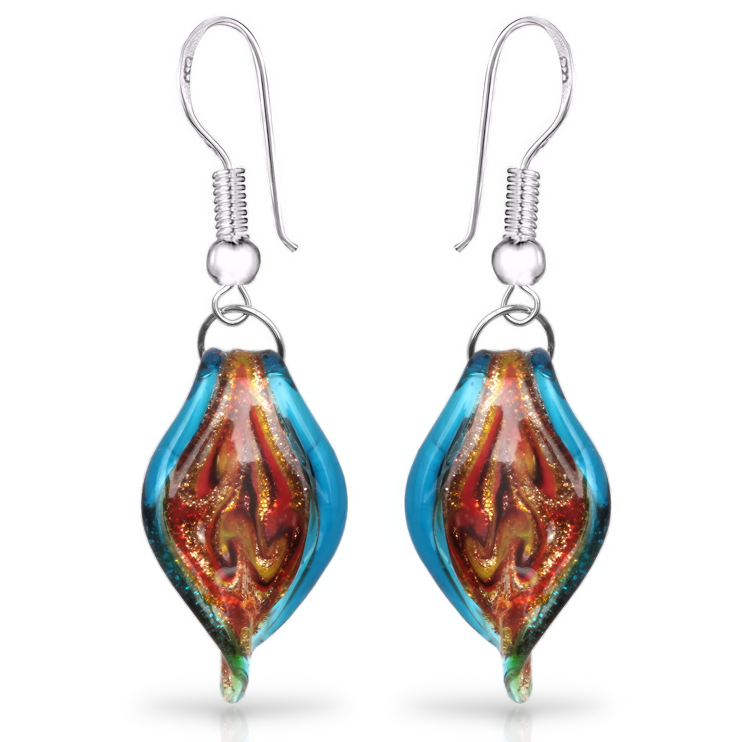 Besheek Sterling Silver Murano Glass Aqua Twisted Leaf Dangle Earrings