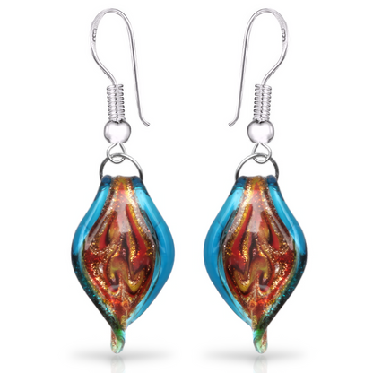 Besheek Sterling Silver Murano Glass Aqua Twisted Leaf Dangle Earrings