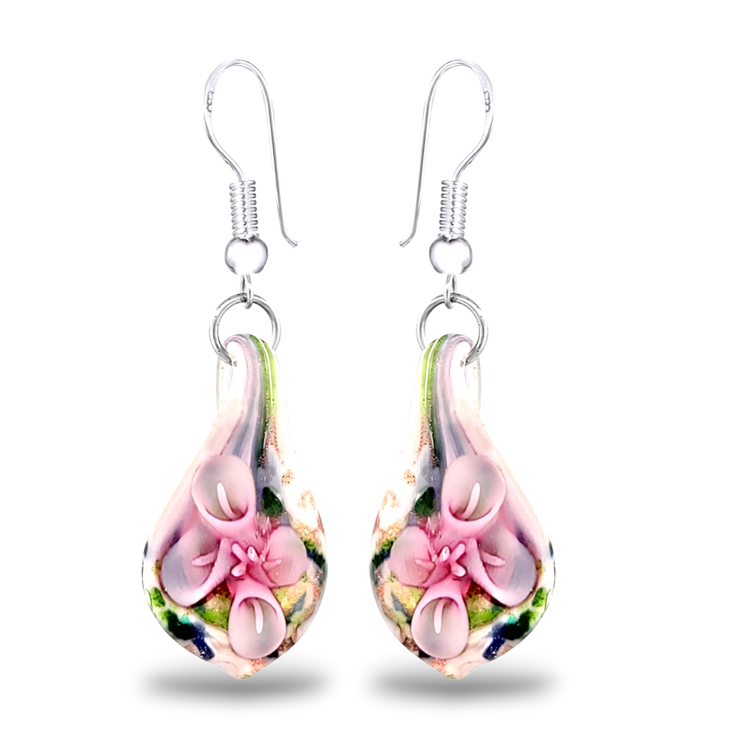 BESHEEK Handmade Pink Confetti Teardrop Glass Sterling Silver Earrings