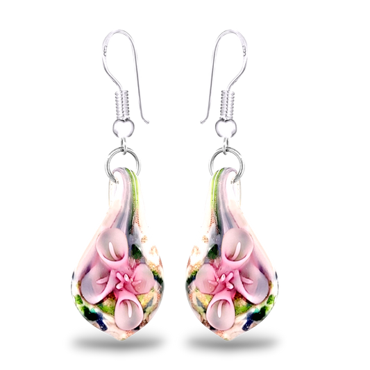 BESHEEK Handmade Pink Confetti Teardrop Glass Sterling Silver Earrings