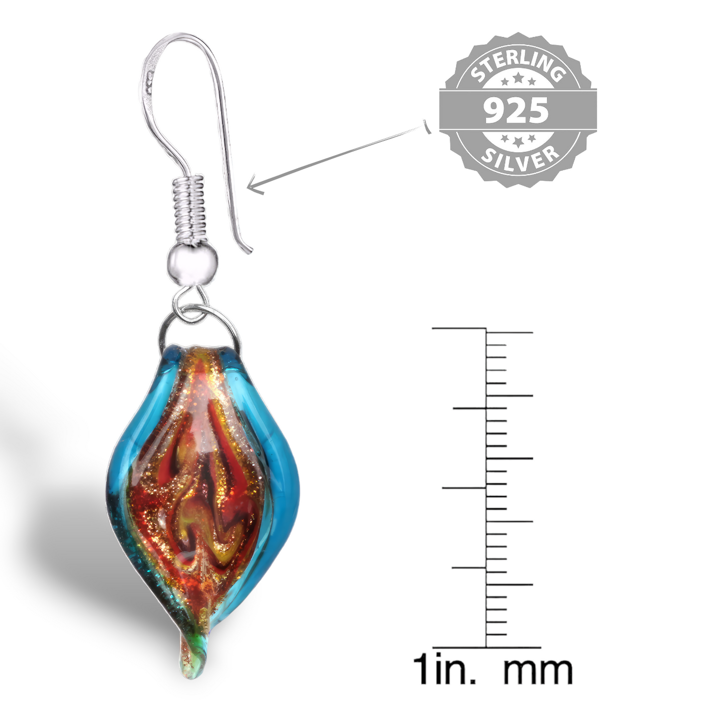 Besheek Sterling Silver Murano Glass Aqua Twisted Leaf Dangle Earrings