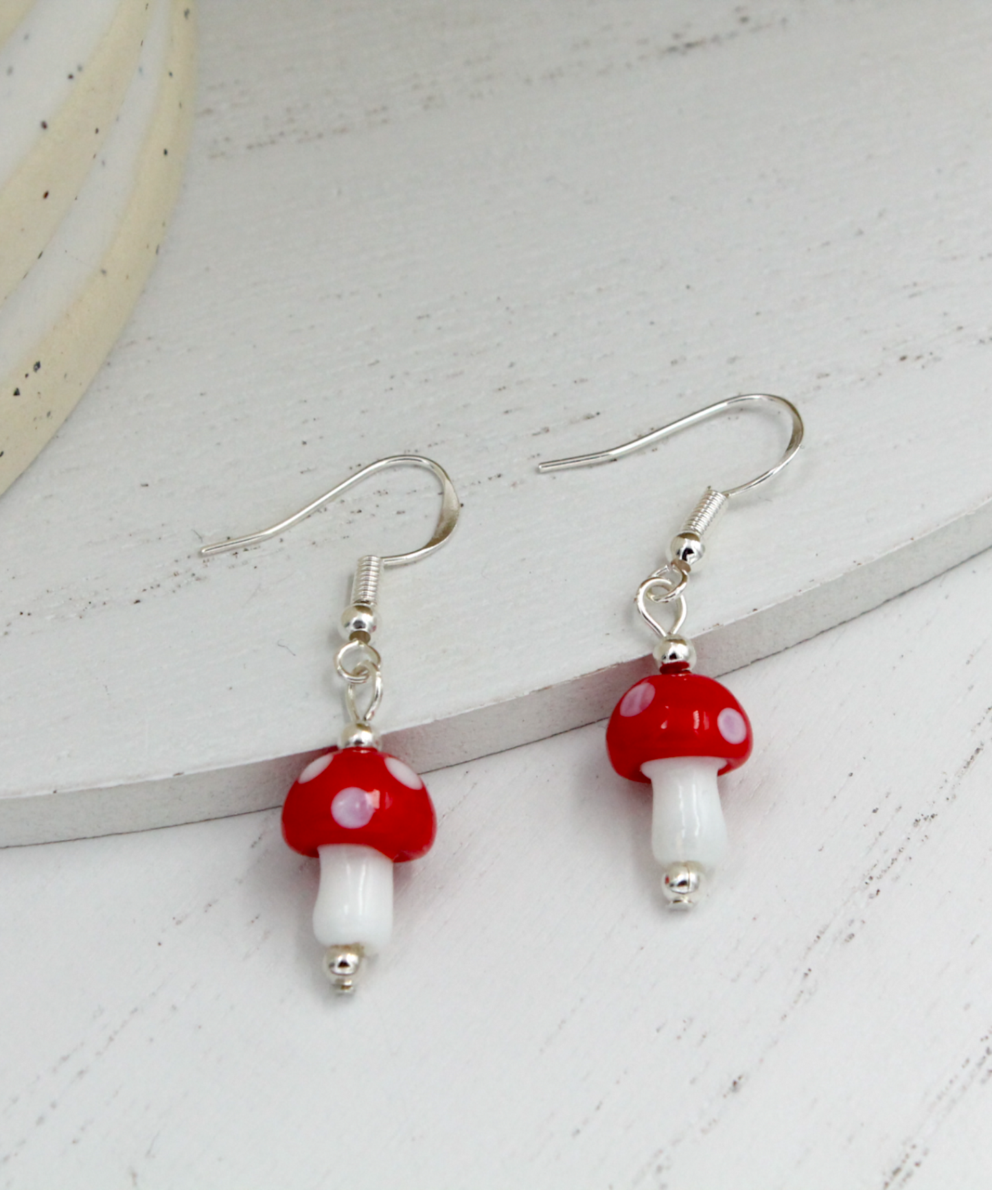 BESHEEK | Glass Red and White Small Mushroom Sterling Silver Earrings