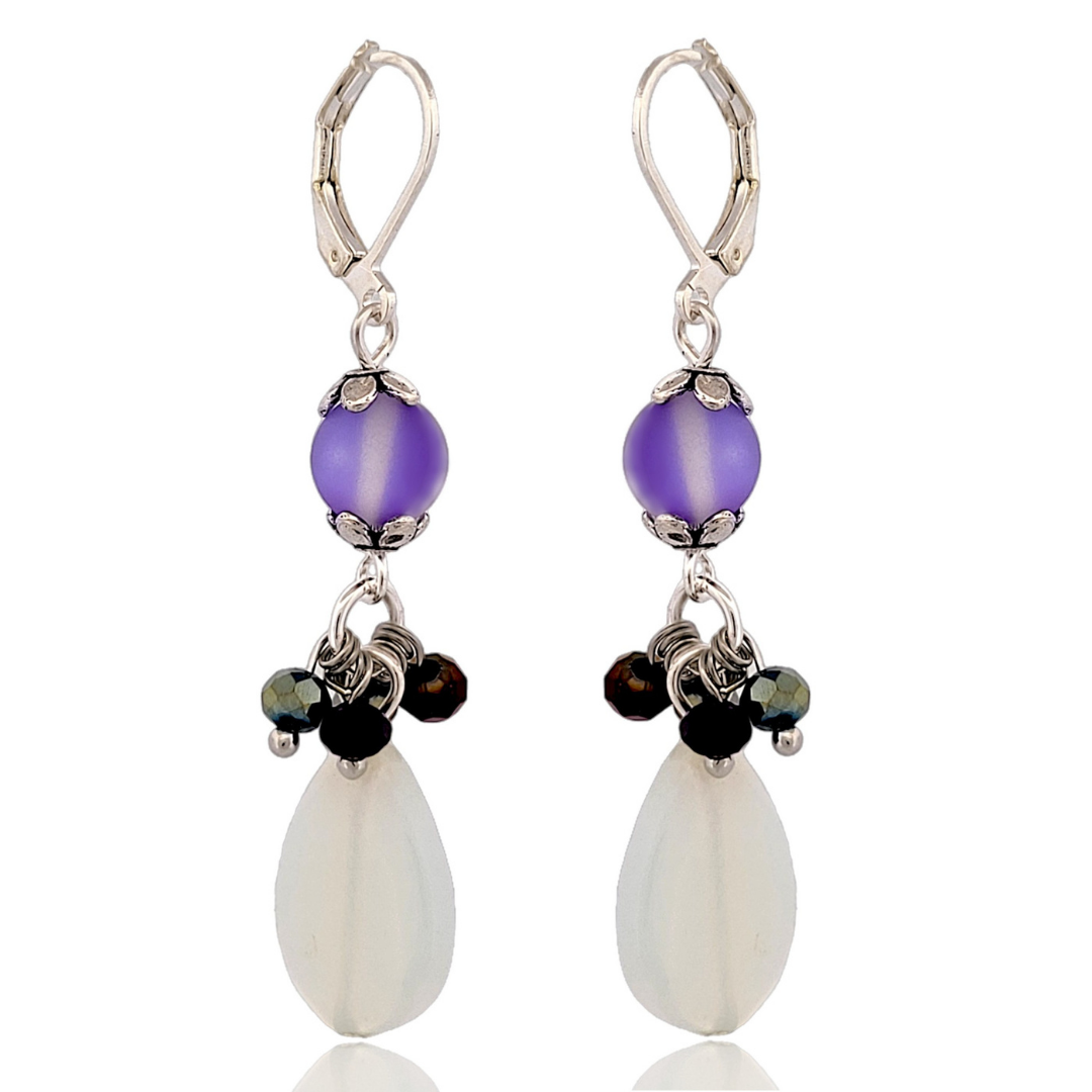 BeSheek Silvertone Mermaid glass, Moonstone and Purple crystal Leverback dangle Earrings