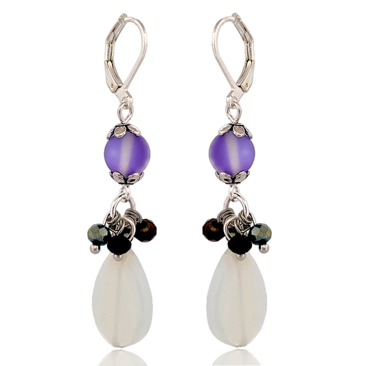 BeSheek Silvertone Mermaid glass, Moonstone and Purple crystal Leverback dangle Earrings