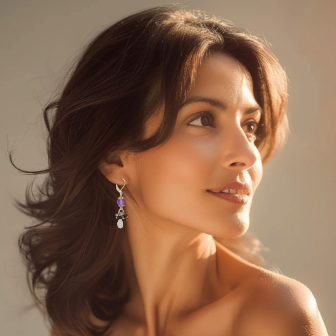 BeSheek Silvertone Mermaid glass, Moonstone and Purple crystal Leverback dangle Earrings