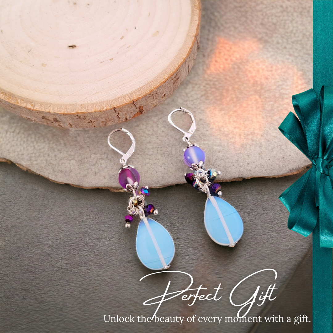 BeSheek Silvertone Mermaid glass, Moonstone and Purple crystal Leverback dangle Earrings
