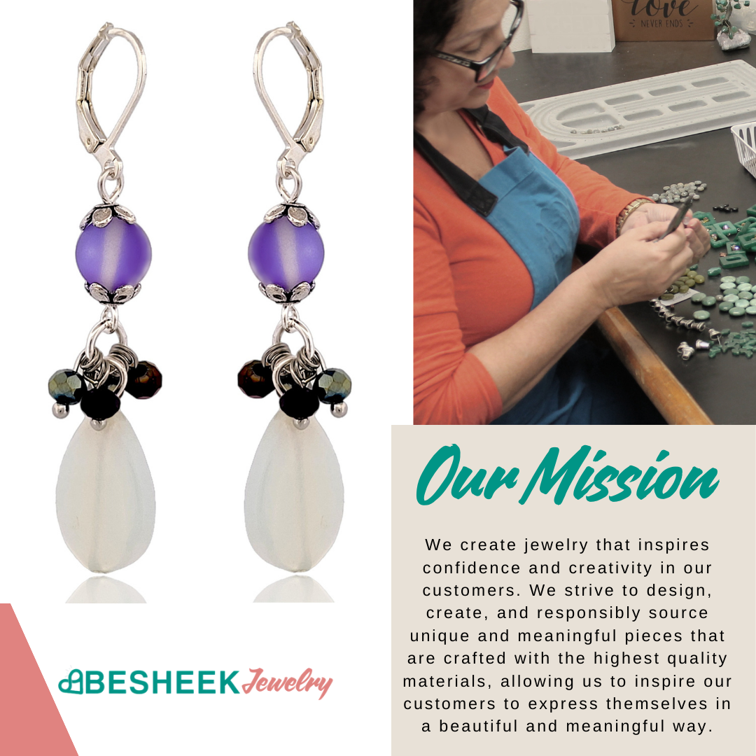BeSheek Silvertone Mermaid glass, Moonstone and Purple crystal Leverback dangle Earrings
