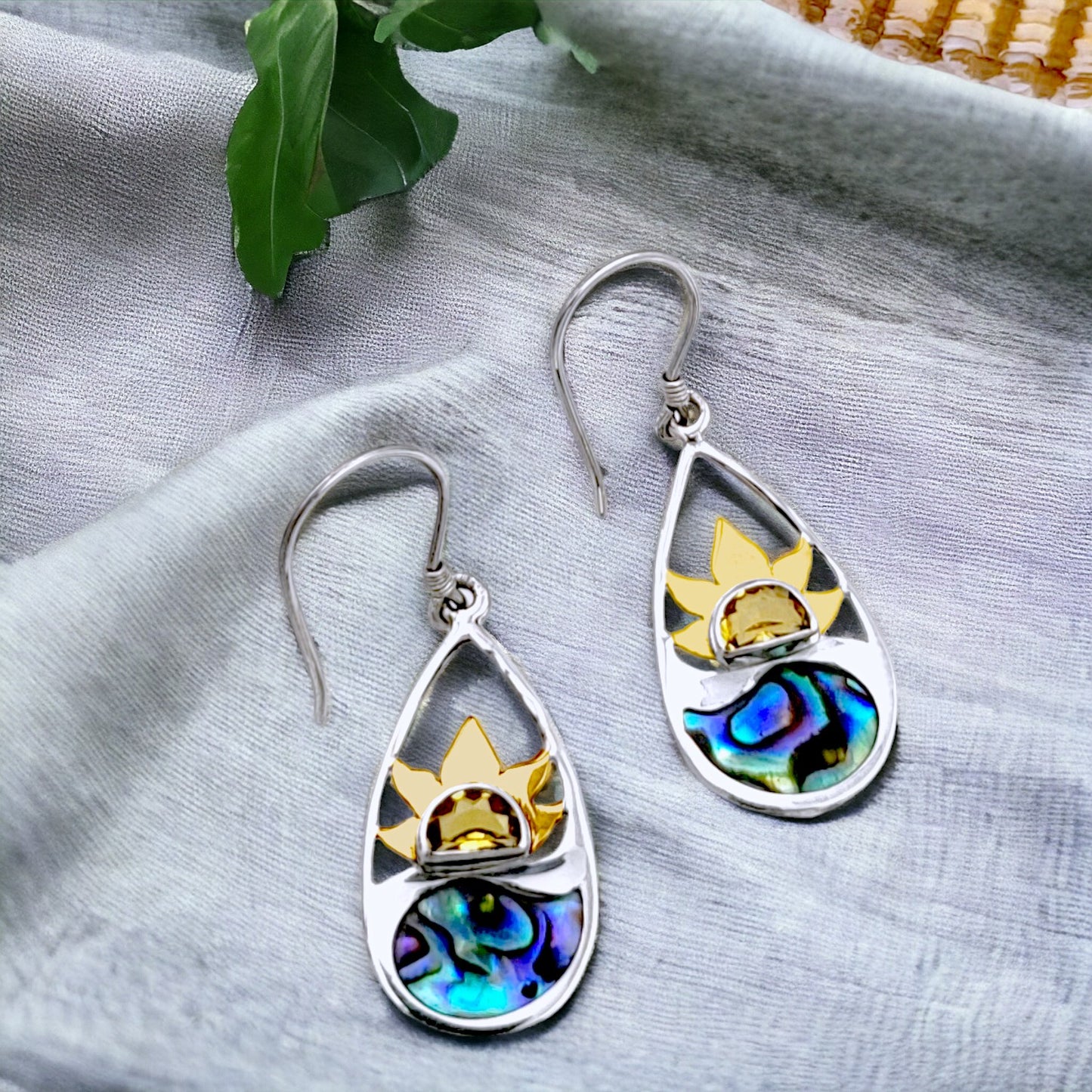 Sterling Silver and Abalone Sunset Teardrop Dangle Earrings | Handmade Hypoallergenic Boho Beach Gala Wedding Style Sterling Earrings