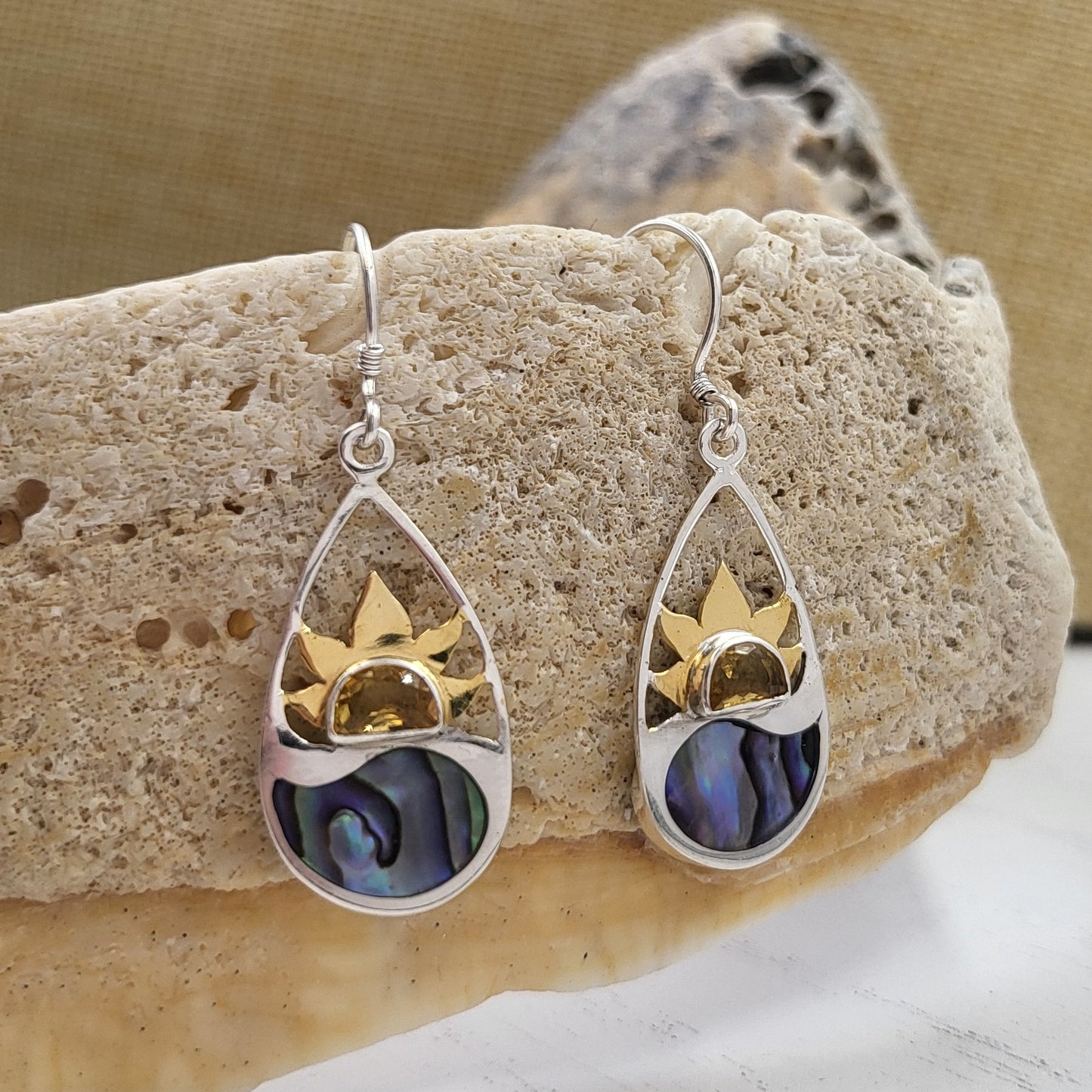 Sterling Silver and Abalone Sunset Teardrop Dangle Earrings | Handmade Hypoallergenic Boho Beach Gala Wedding Style Sterling Earrings