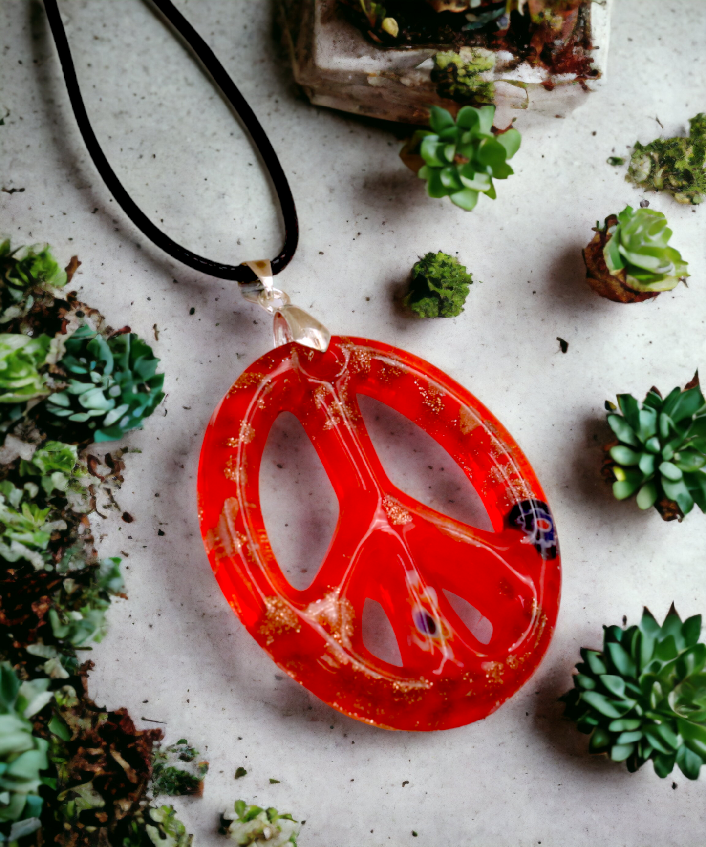 BESHEEK | Handmade Murano Inspired Red Glass Peace Sign Necklace