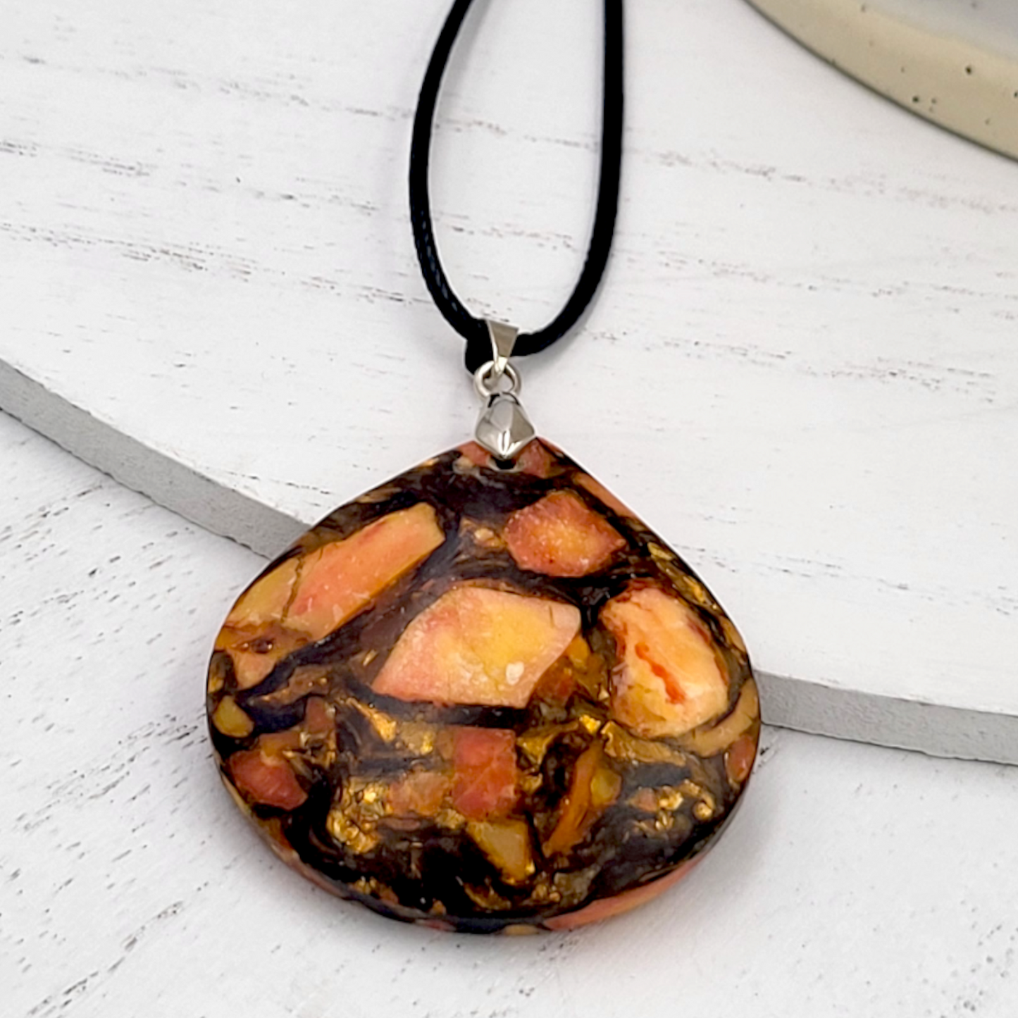 Orange Sea Sediment Jasper and Bronzite Teardrop Pendant Necklace