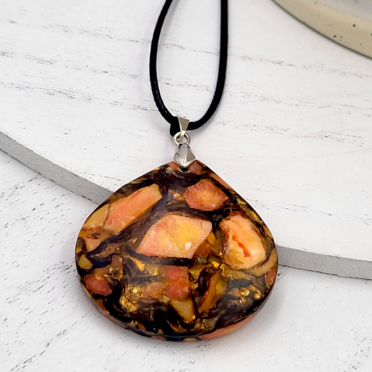 Orange Sea Sediment Jasper and Bronzite Teardrop Pendant Necklace