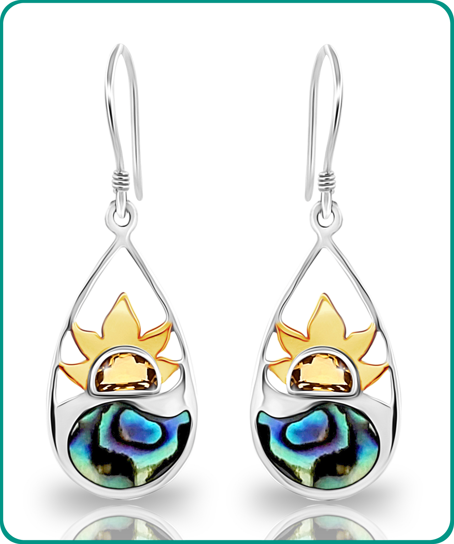 Sterling Silver and Abalone Sunset Teardrop Dangle Earrings | Handmade Hypoallergenic Boho Beach Gala Wedding Style Sterling Earrings
