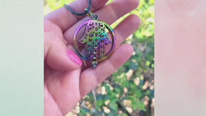 BESHEEK Rainbow Hamsa Cage Locket Pendant? Handmade Hypoallergenic Boho Beach Gala Wedding Style Fashion Jewelry