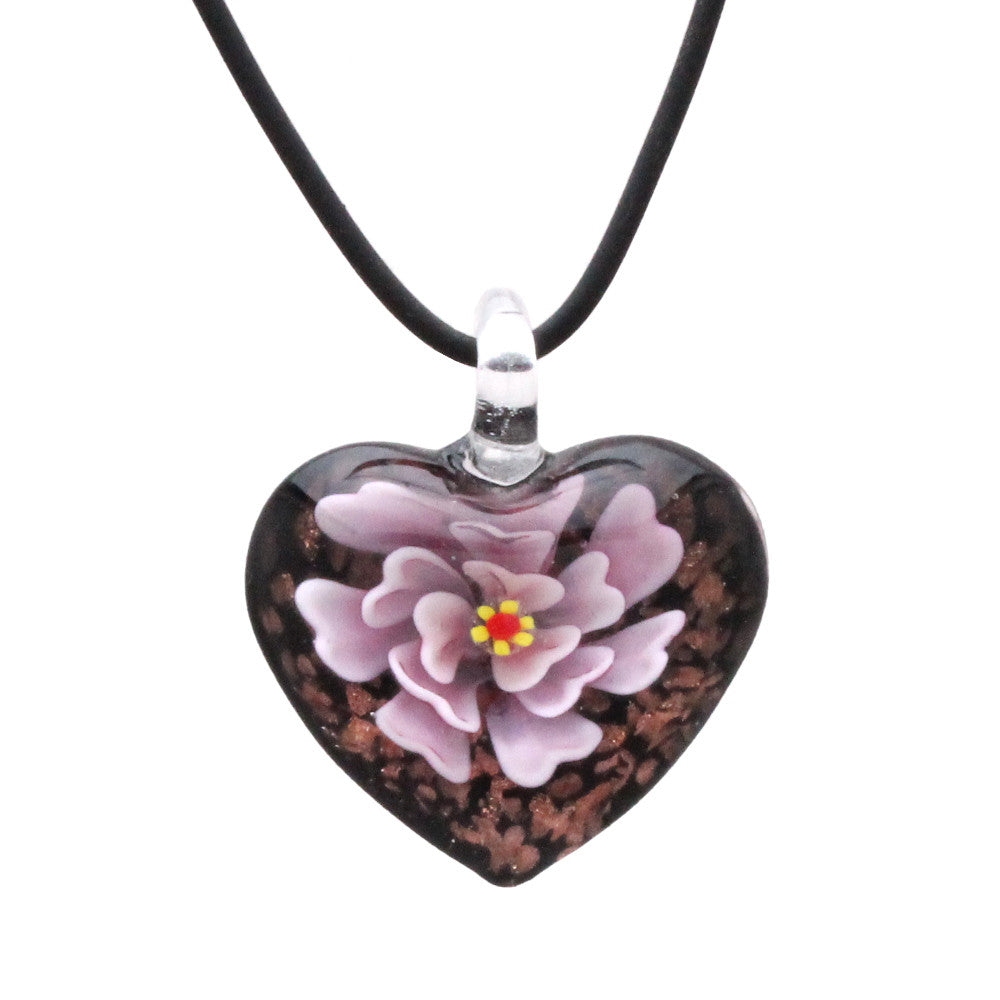 BESHEEK Handmade Murano Inspired Blown Glass Lampwork Art Pink Flower and Black Heart Necklace Pendant ? Handcrafted Artisan Hypoallergenic Italian Style Jewelry