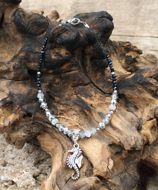 BESHEEK Sparkling Clear Crystal Seahorse Anklet | Handmade Hypoallergenic Beach Gala Wedding Style Jewelry