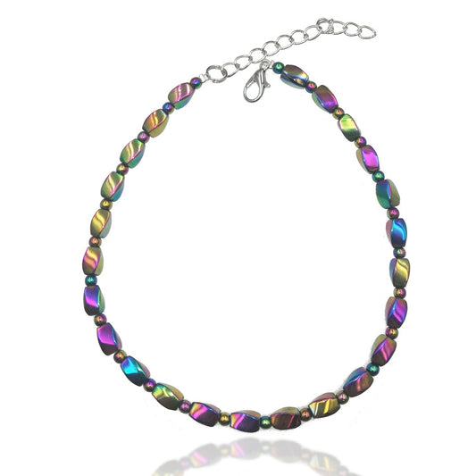 BESHEEK Twist RAINBOW Hematite Stone Artisan Beaded Anklet with Extension | Handmade Hypoallergenic Beach Gala Wedding Style Jewelry