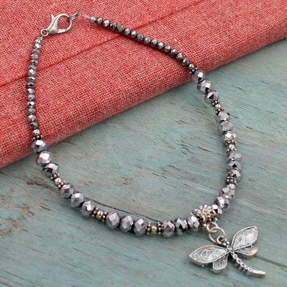 BESHEEK | Dragonfly Silver Crystal Glass Beaded Anklet