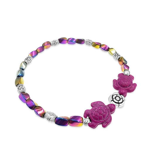 BESHEEK Twist RAINBOW Hematite Stone and PURPLE Turquoise Turtle Artisan Beaded Stretch Anklet | Handmade Hypoallergenic Beach Gala Wedding Style Jewelry