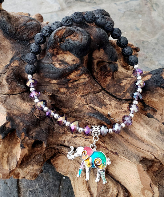 BESHEEK PURPLE and Black Lava bead Mosaic Elephant Stretch Anklet | Handmade Hypoallergenic Beach Gala Wedding Style Jewelry