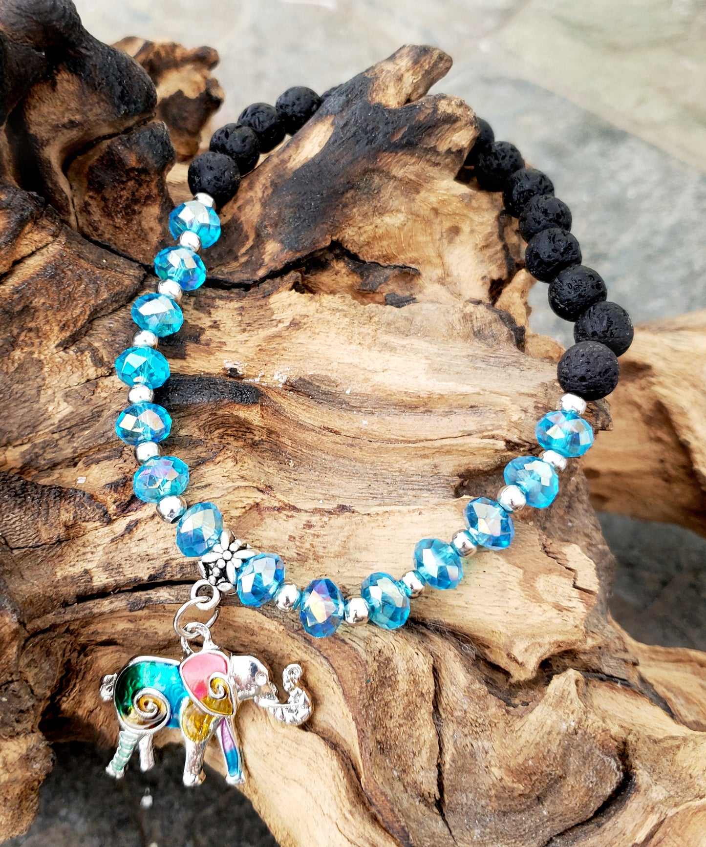 BESHEEK AQUA and Black Lava bead Mosaic Elephant Stretch Anklet | Handmade Hypoallergenic Beach Gala Wedding Style Jewelry