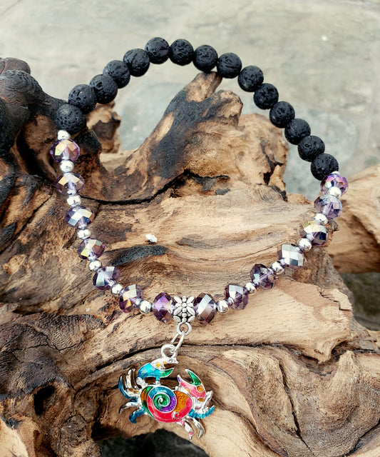 BESHEEK PURPLE and Black Lava bead Mosaic Crab Stretch Anklet | Handmade Hypoallergenic Beach Gala Wedding Style Jewelry
