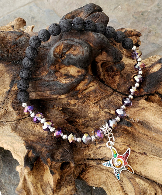 BESHEEK PURPLE and Black Lava bead Mosaic star fish Stretch Anklet | Handmade Hypoallergenic Beach Gala Wedding Style Jewelry