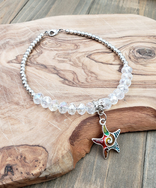 BESHEEK CLEAR and Black Lava bead Mosaic star fish Stretch Anklet | Handmade Hypoallergenic Beach Gala Wedding Style Jewelry