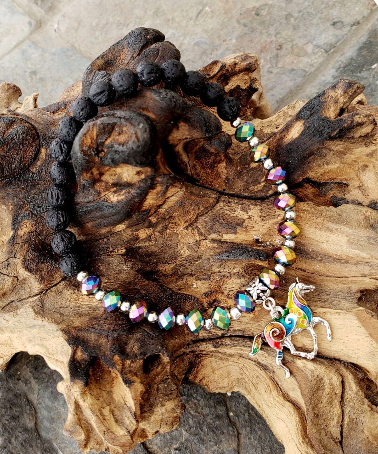BESHEEK RAINBOW and Black Lava bead Mosaic Horse Stretch Anklet | Handmade Hypoallergenic Beach Gala Wedding Style Jewelry