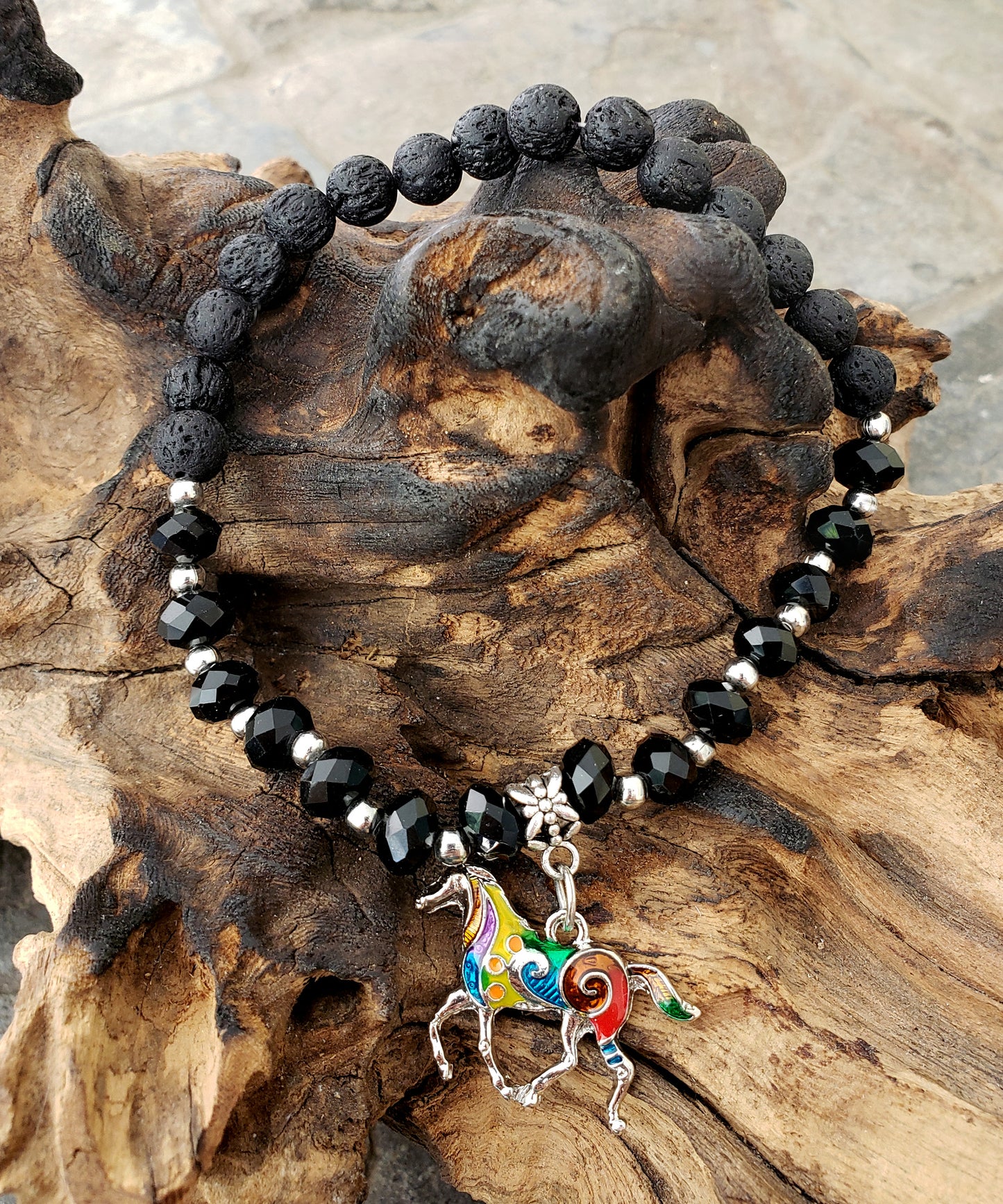BESHEEK BLACK and Black Lava bead Mosaic Horse Stretch Anklet | Handmade Hypoallergenic Beach Gala Wedding Style Jewelry