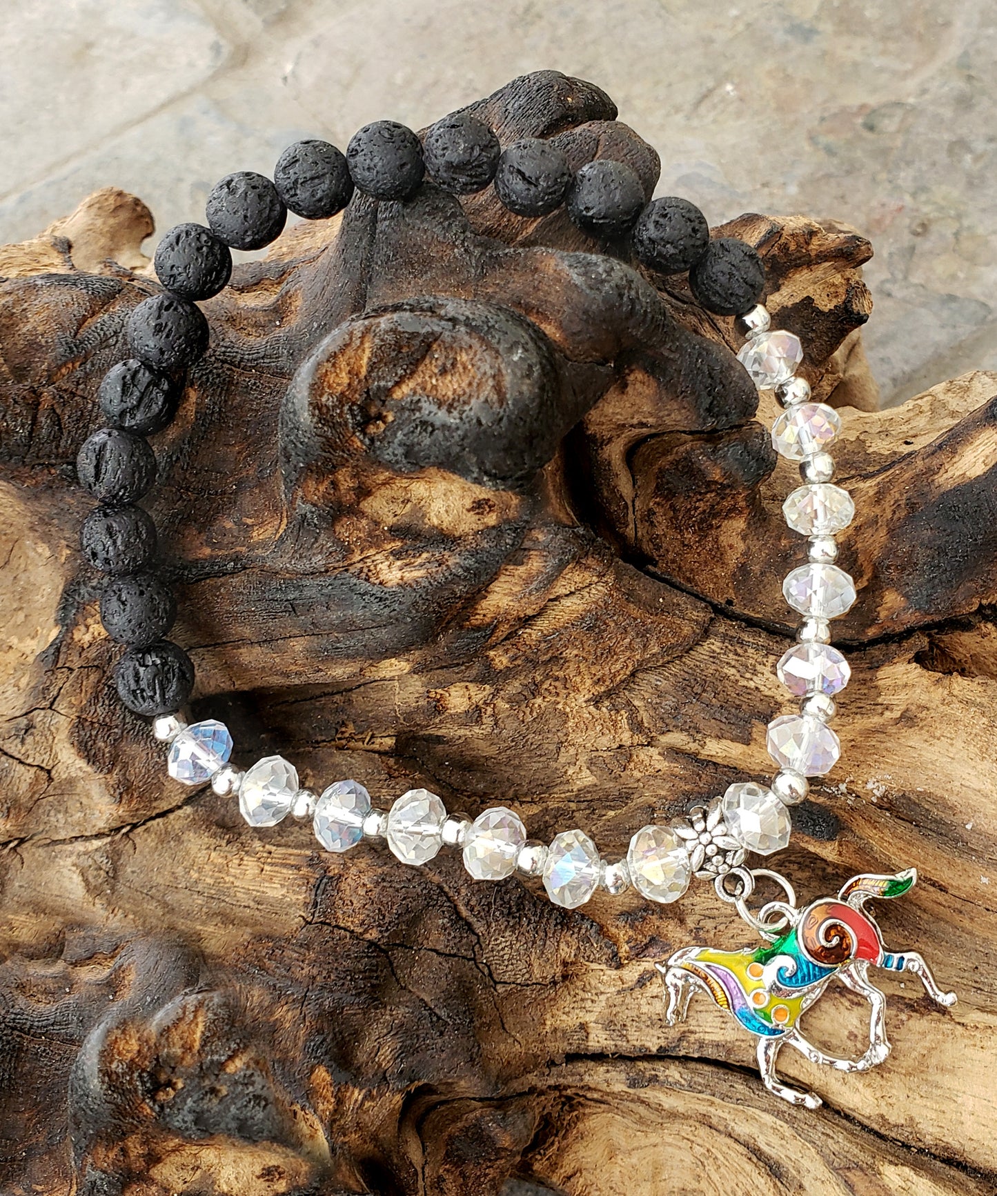 BESHEEK CLEAR and Black Lava bead Mosaic Horse Stretch Anklet | Handmade Hypoallergenic Beach Gala Wedding Style Jewelry