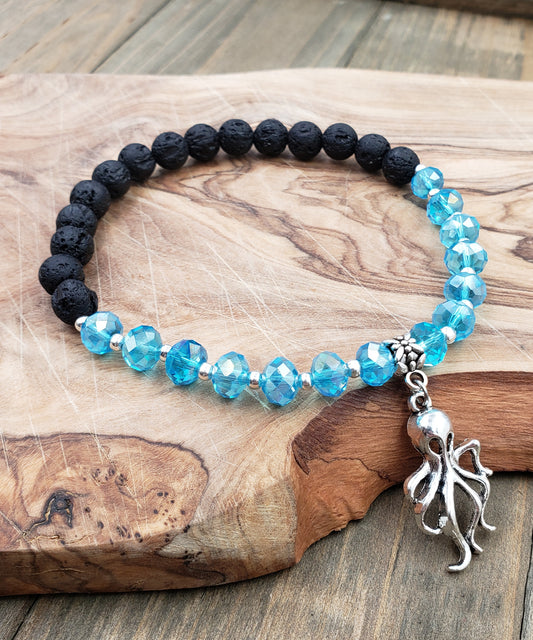BESHEEK AQUA and Black Lava bead Silvertone Squid Stretch Anklet | Handmade Hypoallergenic Beach Gala Wedding Style Jewelry