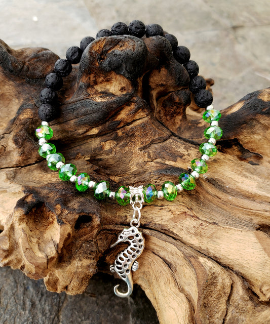 BESHEEK GREEN and Black Lava bead Silvertone Sea Horse Stretch Anklet | Handmade Hypoallergenic Beach Gala Wedding Style Jewelry