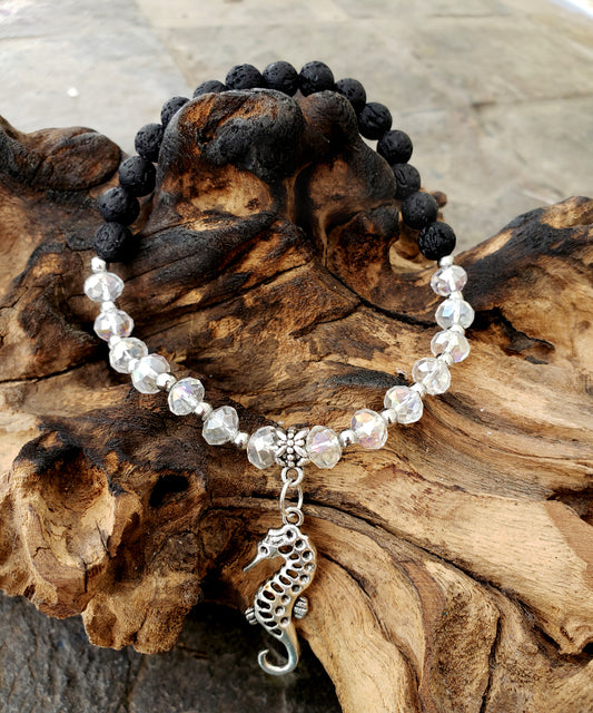 BESHEEK CLEAR and Black Lava bead Silvertone Sea Horse Stretch Anklet | Handmade Hypoallergenic Beach Gala Wedding Style Jewelry