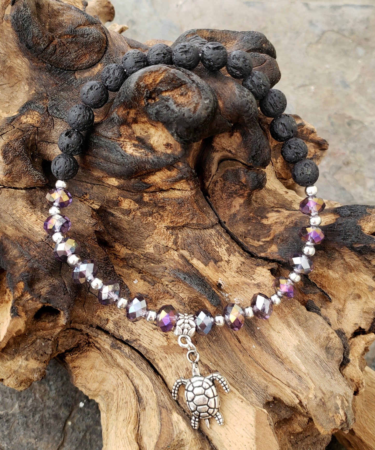 BESHEEK PURPLE and Black Lava bead Silvertone Sea Turtle Stretch Anklet | Handmade Hypoallergenic Beach Gala Wedding Style Jewelry
