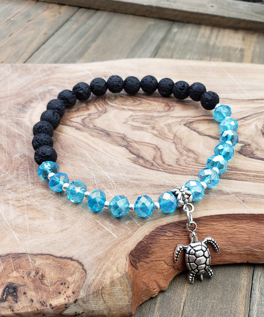 BESHEEK AQUA and Black Lava bead Silvertone Sea Turtle Stretch Anklet | Handmade Hypoallergenic Beach Gala Wedding Style Jewelry