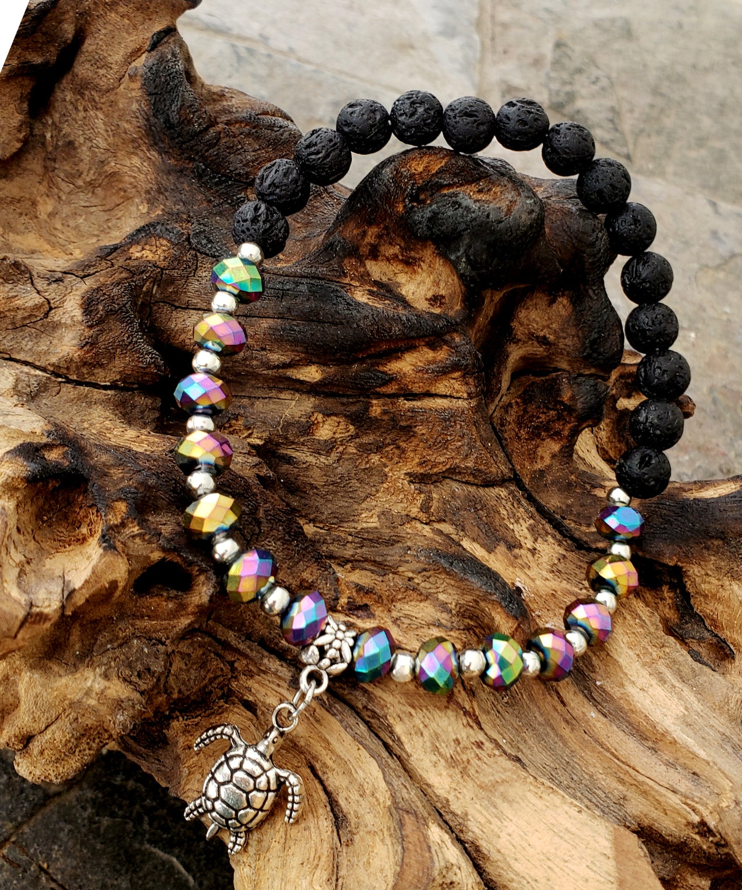 BESHEEK RAINBOW and Black Lava bead Silvertone Sea Turtle Stretch Anklet | Handmade Hypoallergenic Beach Gala Wedding Style Jewelry