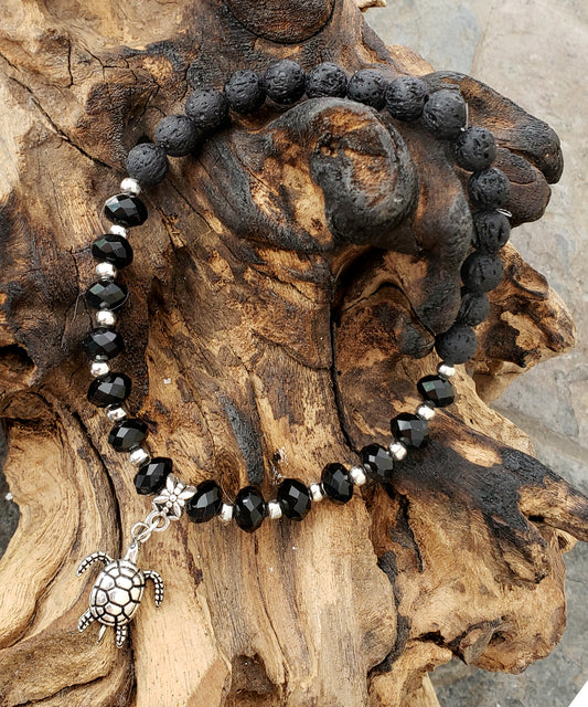 BESHEEK BLACK and Black Lava bead Silvertone Sea Turtle Stretch Anklet | Handmade Hypoallergenic Beach Gala Wedding Style Jewelry