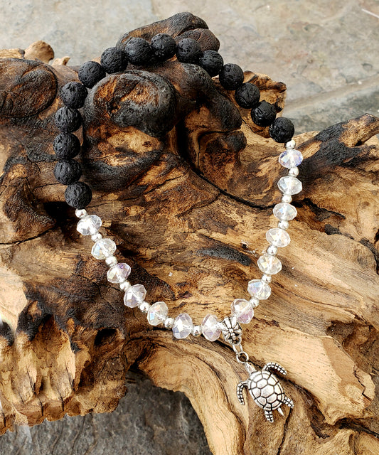 BESHEEK CLEAR and Black Lava bead Silvertone Sea Turtle Stretch Anklet | Handmade Hypoallergenic Beach Gala Wedding Style Jewelry