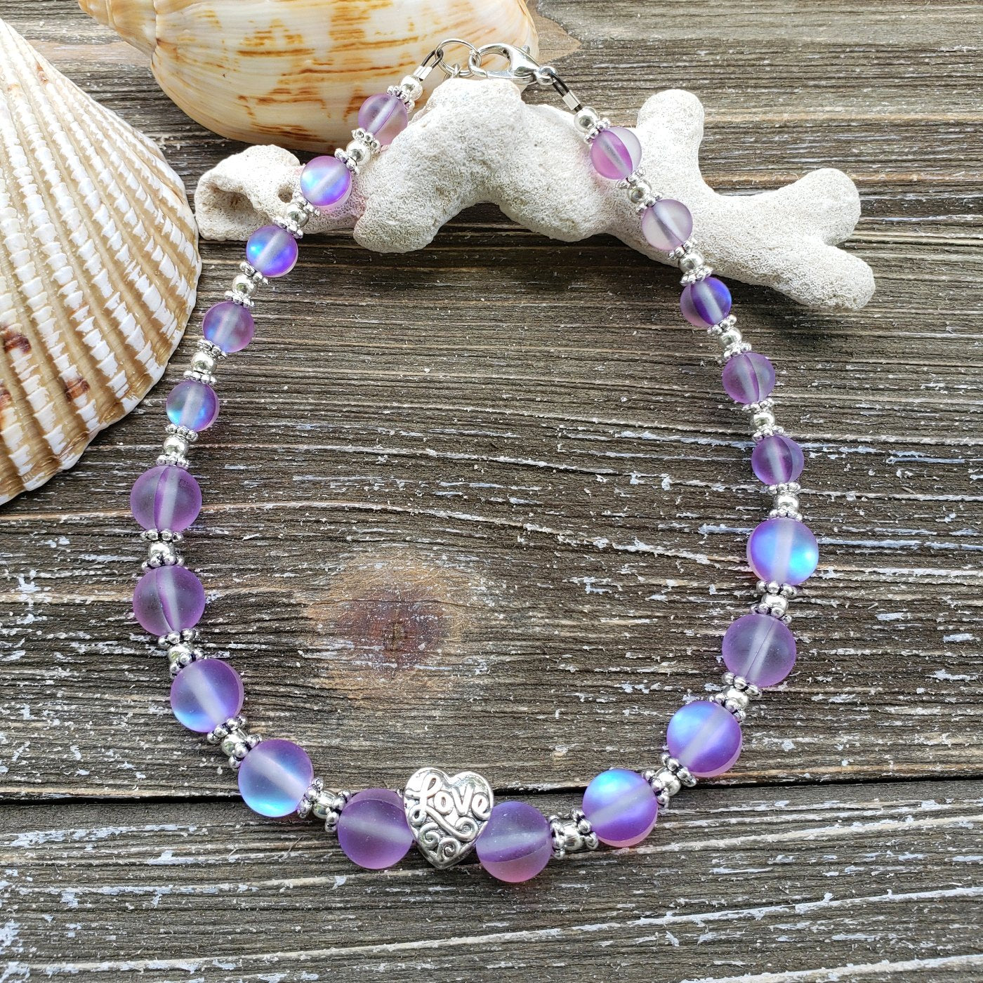 BESHEEK | Purple Mermaid Glass Bead Love Beaded Anklet
