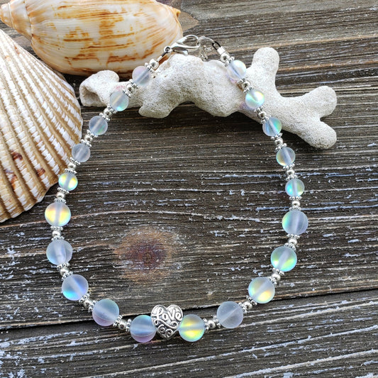 BESHEEK Mermaid WHITE Glass Love Artisan Beaded Anklet with Extension | Handmade Hypoallergenic Beach Gala Wedding Style Jewelry